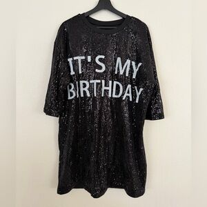 Black Sequin Tunic Top with "It's My Birthday" Graphic